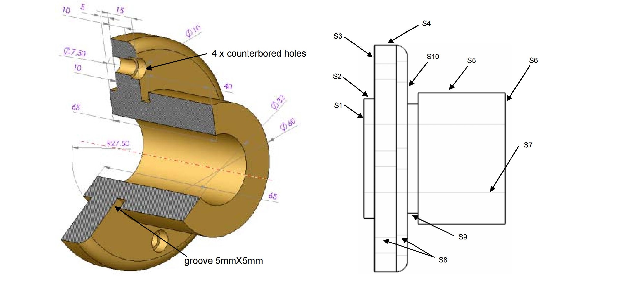 a sectioned view of rotational part b the marked surfaces identify removal operations