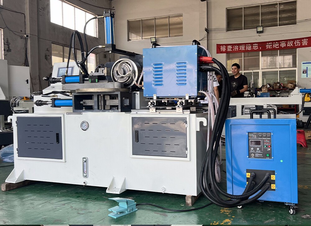 tube end closing machine for furniture and chair tubes with induction heating