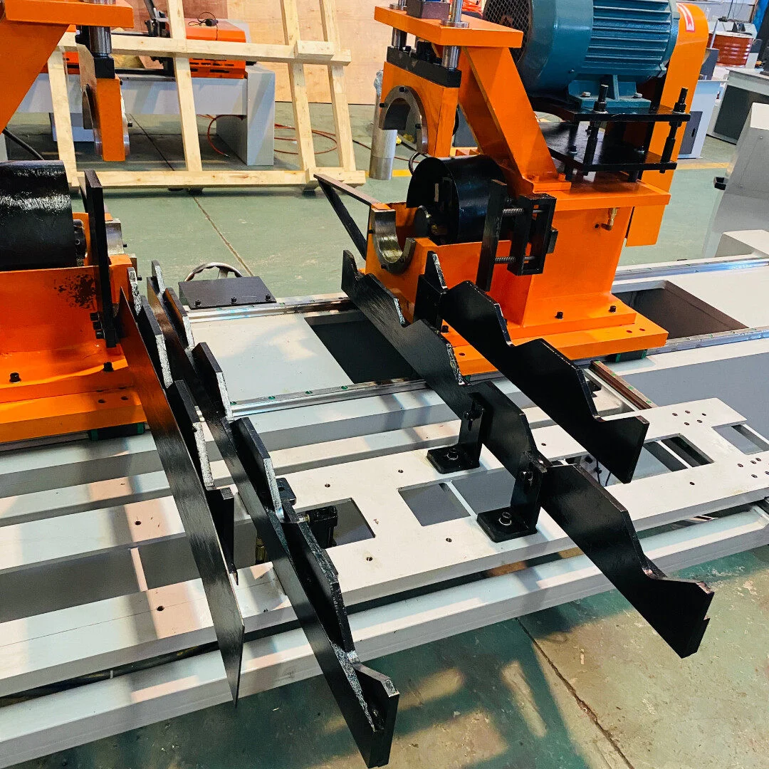double head cnc servo chamfering machine overall structure showing dual heads and workpiece support brackets